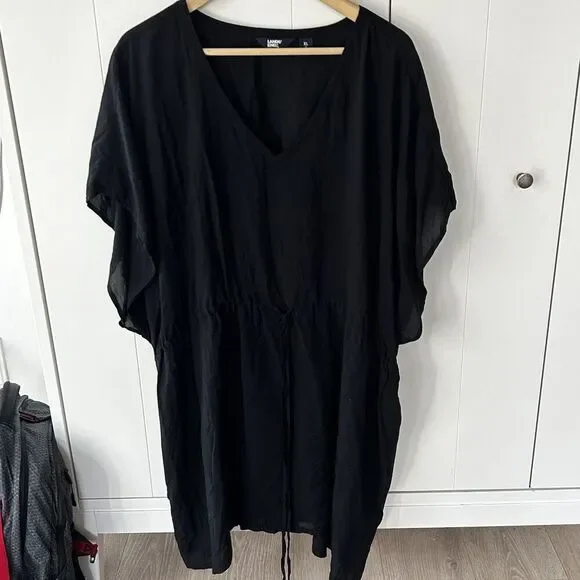 Lands End Top Size XL Cover Up Black V-Neck Tie Waist Modal Coastal Beach Pool - Picture 2 of 8